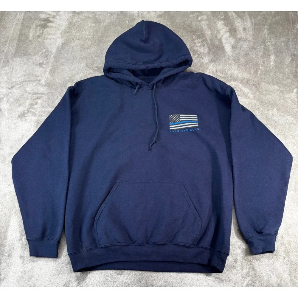 Gildan Hoodie Mens Large Navy Blue Good Back The Blue Semi Truck Graphic Support